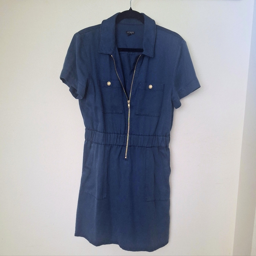 J CREW Blue Short Sleeve Zip-Front Utility Shirt Dress - Size 8